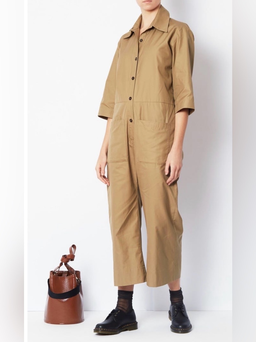 Utility Cotton-Crop Jumpsuit in Khaki